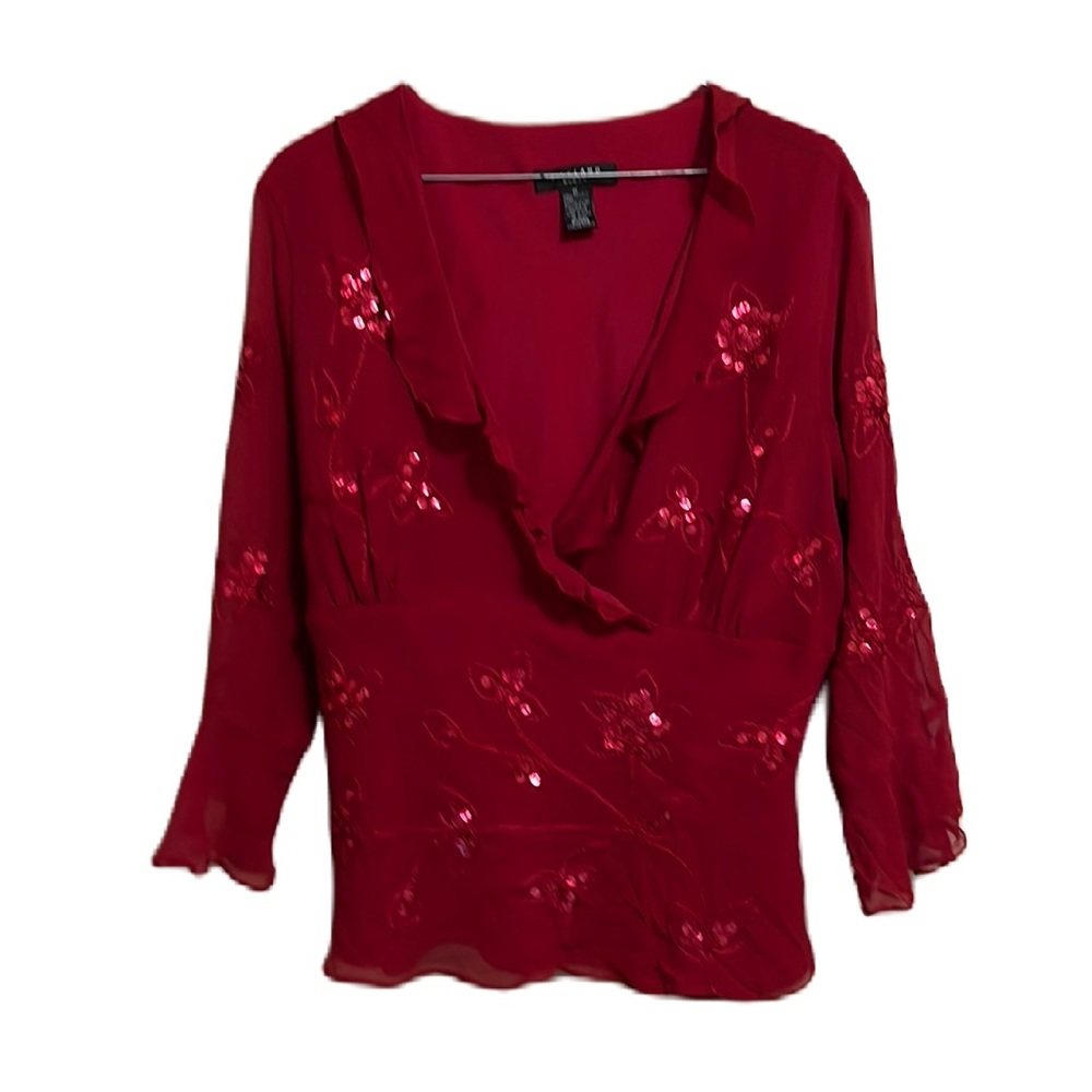 SILKLAND, 3/4 Bell Sleeves, Wrap, Ruffled Front Top, Candy Apple Red, 1X